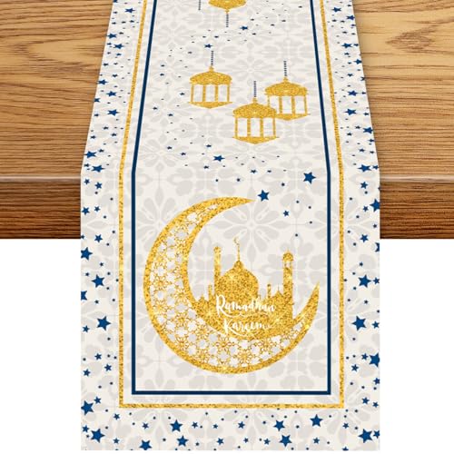 Ramadan Table Runner, Vintage Ramadan Kareem Golden Moon Floral Flower Eid Star Mubarak Coffee Table Center Decor for Kitchen Dining Holiday Home Outdoor Party Table Decorations, 13"x36" - color: Ramadan-3, size: 13“ X 36"