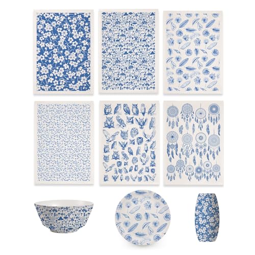 SUPERDANT 5PCS Owl Mushroom Underglaze Paper Transfer Dreamcatcher Flowers Transfer Paper for Clay Ceramic Porcelain Under Glaze Transfers for Pottery Blue Underglaze Decal Papers Handcrafted Gifts - style: Mixed Styles (Owl)