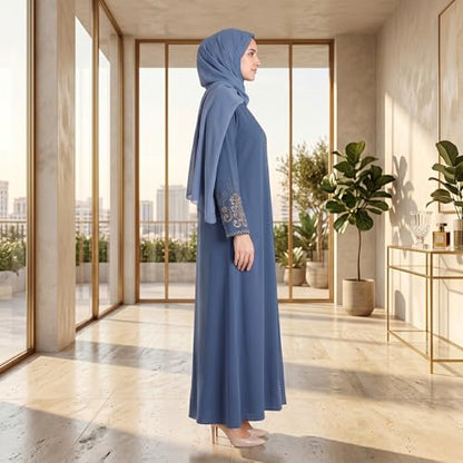 Women's Embroidered Sleeves Abaya and Embroidered On The Side of The Zipper Long Sleeve Floor Length Turkish Fashion - color: Blue, size: Small