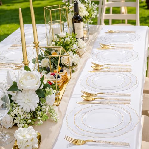 Liacere 150PCS Clear Gold Plastic Plates - Disposable Plastic Silverware with Glitter Bamboo Handle Cutlery-Baroque Clear Gold Disposable Plates for Wedding & Party & Mother's Day - color: Gold, size: Baroque Style