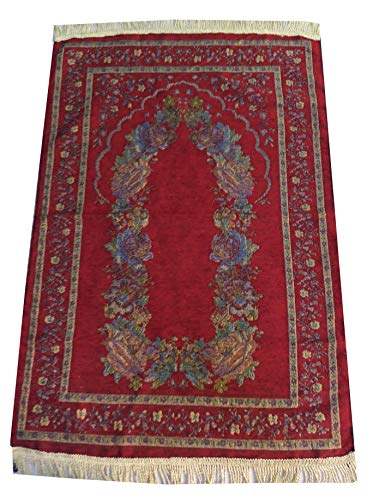 Islam Portable Sajadah Carpet Thin Prayer Mat Janamaz AMN-211 Floral Design Chenille Worship Blanket Travel Rug Namaz Area Muslim Gift (Red) - color: Red