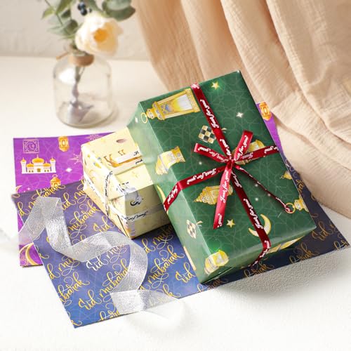 TAKEALOOK Eid Mubarak Gift Wrapping Paper - 12 Sheets Ramadan Kareem Paper, Muslim Arabic Islamic Crescent Moon Lantern Designs for Eid Al-Adha & Hajj Festival Party Decorations