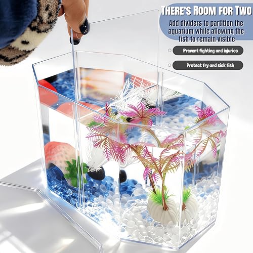 Small Fish Shrimp Tank - Mini Sea Monkeys Tank Tiny Aquarium Tank - Include Hideout Decoration & Fish Tank Gravel - 2/5 Gallon Fry Fish Bowl Divided Compartments Beta Fish Tanks for 2 Betas