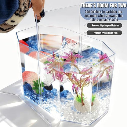 Small Fish Shrimp Tank - Mini Sea Monkeys Tank Tiny Aquarium Tank - Include Hideout Decoration & Fish Tank Gravel - 2/5 Gallon Fry Fish Bowl Divided Compartments Beta Fish Tanks for 2 Betas