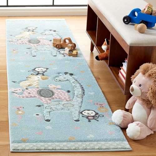 SAFAVIEH Carousel Kids 100 Collection Runner Rug - 8' Runner, Blue, Transitional Design, Stain Resistant, Ideal for High Traffic Areas in Hallway, Bathroom & Kitchen (CRK120K-28) - color: Blue, size: 2' x 8' (Runner)