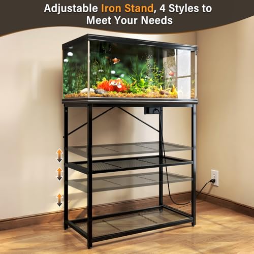 TC-HOMENY Fish Tank Stand 10,20,29,37 Gallon, 1000LB Capacity Aquarium Stand with Built-in Outlet, 31"L x 16"W Metal Reptile Tank Stand, Double Storage Design Adjustable Shelves, Black (Tank not Included)