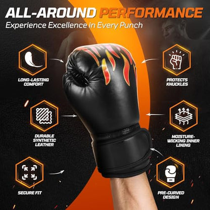 Flexzion Boxing Gloves for Kids 4oz – Training Punching Bag Mitts, Kid Boxing Gloves with Faux Leather & Wrap-Around Wrist Protection for Boys & Girls Ages 3-8 Years - color: Black Blaze