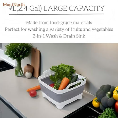 MontNorth Collapsible Wash Basin 9L, Foldable Dish Tub with Drain Plug, Portable Collapsible Dish Basin, Camping Sink for Washing Dishes, Laundry & Kitchen Use,Gray - color: Gray - Set of 1