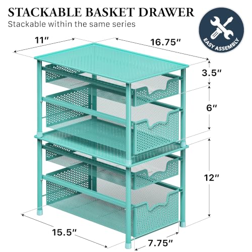 Simple Houseware Stackable 2 Tier Sliding Basket Drawer, Turquoise - color: Turquoise, size: 2-Tier