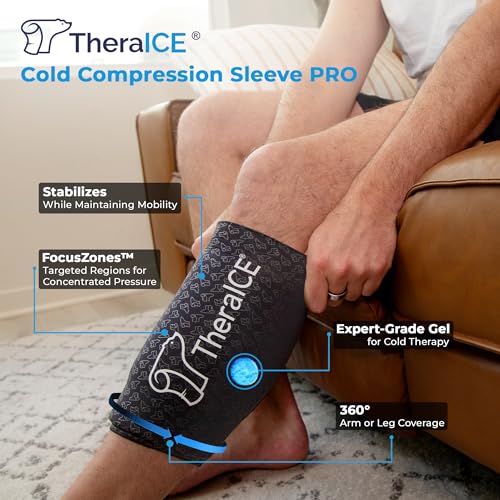 TheraICE Knee Ice Pack Wrap PRO Compression Sleeve, Reusable Gel Cold Packs Brace Also for Elbow, Ankle & Calf - Flexible Cold Wrap Recovery, FocusZone Technology for Extra Cooling & Pressure (M) - size: Medium, style: PRO
