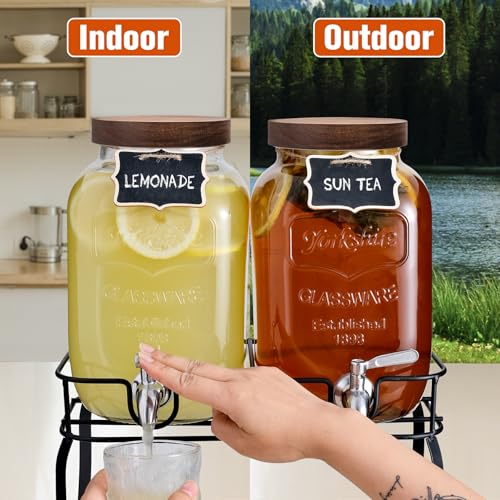 mustry Glass Drink Dispenser for Parties, 1 Gallon Beverage Dispenser with Stand and Spigot Solid Stainless Steel, Used as Lemonade Dispenser Sun Tea Jar Kombucha Jar, Set of 2 - size: Double, with Stand