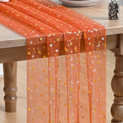 Artoid Mode Orange Gauze Stars Moon Table Runner 10FT, Glitter Metallic Foil Sheer Dining Wedding Anniversary Holiday Birthday Table Decor for Home Party - color: Orange