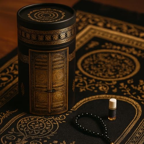 Islamic Prayer Rug 4 Pcs Gift Set with Kaaba Design Box | Sajadah, Tasbih, Perfume | Suitable for Ramadan, Eid, Travel, or Home (Black, Standart) - color: Black