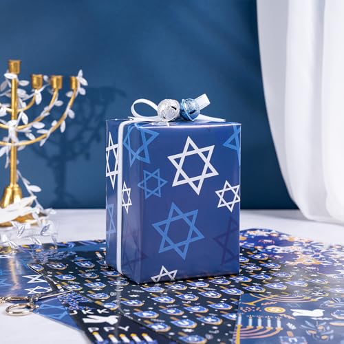 RUSPEPA Hanukkah Wrapping Paper Sheets, Menorah, Star of David, Dreidel and Floral Design, Blue and Gold Gift Wrap Perfect for Jewish Holiday Gifts and Christmas, 6 Folded Sheets, 19.68 X 27.5 Inch - color: Dark Blue Hanukkah