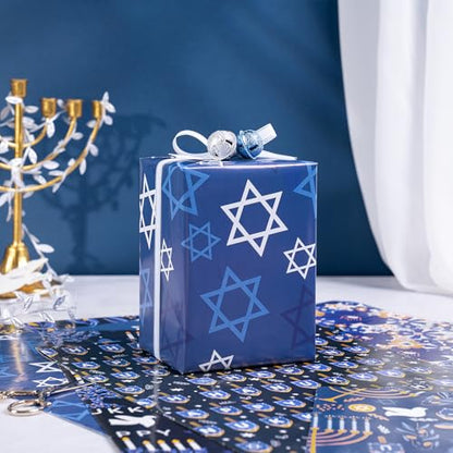 RUSPEPA Hanukkah Wrapping Paper Sheets, Menorah, Star of David, Dreidel and Floral Design, Blue and Gold Gift Wrap Perfect for Jewish Holiday Gifts and Christmas, 6 Folded Sheets, 19.68 X 27.5 Inch - color: Dark Blue Hanukkah