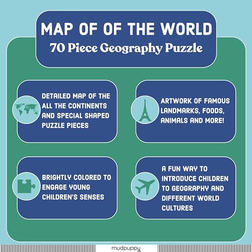 Mudpuppy Map of The World – 78 Piece Geography Puzzle with Special Shaped Pieces and Iconic Landscapes Cultural Items and More - style: Map of the World