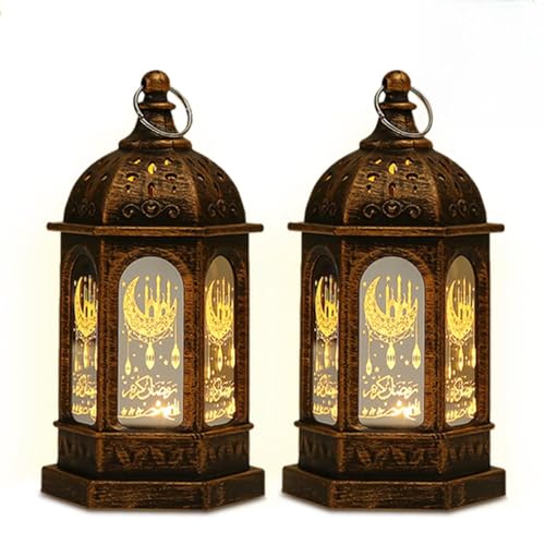 Lifnatty Eid Decorations, Ramadan Lantern Lights with Islamic Moon Star Decorations, Mini LED Hanging Lantern Decor, Eid Mubarak Decorations for Home Table Fireplace, Ramadan Eid Gifts 2 Pack - color: Brown