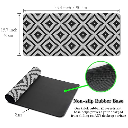 Large Mouse Pad Black and White XXL Mousepad Gaming Mouse Pads Computer Desk Mats Extra Large Desk Pad Non-Slip Rubber Base 35.4" X 15.7" for Game Office, Classic Rhombus Pattern - color: Black/White Classic Geometry