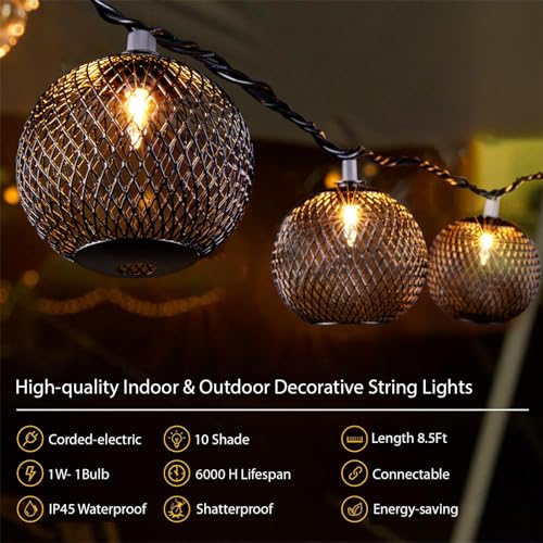 Decorative Lantern String Lights Plug in with 10 Black Metal Ball, Connectable Waterproof Outdoor Decorative String Lights Indoor for Bedroom Patio Pergola Decor