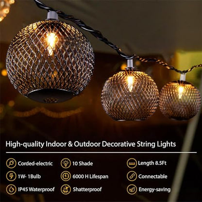 Decorative Lantern String Lights Plug in with 10 Black Metal Ball, Connectable Waterproof Outdoor Decorative String Lights Indoor for Bedroom Patio Pergola Decor