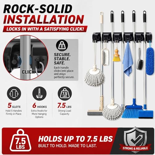 HYRIXDIRECT Broom Hanger Wall Mount, Broom Mop Organizer for Garage | 5 slots, 6 hooks, 7.5 lbs/slot, heavy-duty, space-saving, fits long-handled tools, mops, rakes, shovels, garage, shed - color: Beige