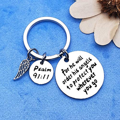 Dabihu Christian Gift Keychain Religious Gift Bible Verse Keyring Baptism Christmas Easter Birthday First Communion Gift - color: For He Will Order His to Protect You Wherever You Go Silver Keychain