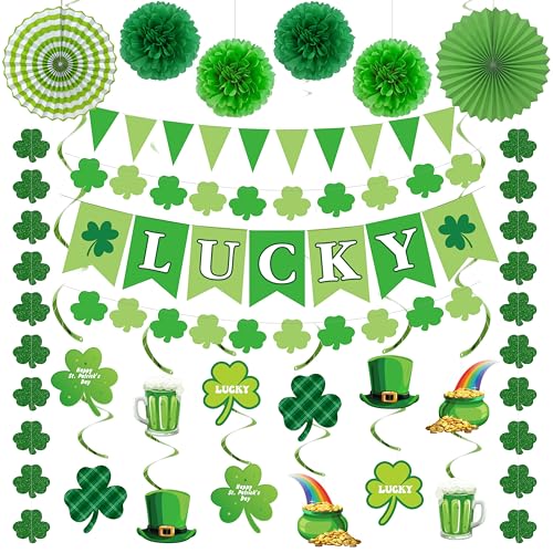 St. Patrick's Day Decorations Kit Shamrock Garlands Hanging Swirls Lucky Banner for Saint Patrick's Day Party Decor, Green Paper Fans Pom Poms Irish Decor for Home Saint Patrick Party Supplies - style: St. Patrick's Day