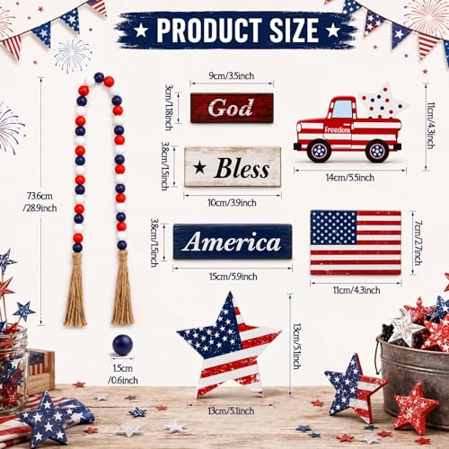 Yousoontic 7 Pcs 4th of July Tiered Tray Decor Set, Patriotic Wooden Table Decorations with Bead Garland, Rustic Farmhouse USA Independence Day Decor for Kitchen, Tabletop, Mantel - style: 4th of July