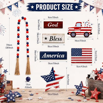 Yousoontic 7 Pcs 4th of July Tiered Tray Decor Set, Patriotic Wooden Table Decorations with Bead Garland, Rustic Farmhouse USA Independence Day Decor for Kitchen, Tabletop, Mantel - style: 4th of July