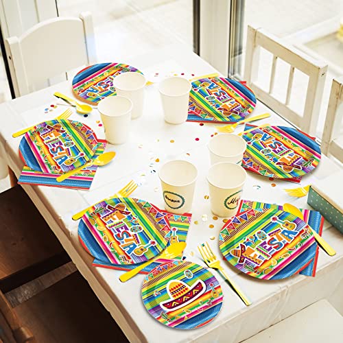 96 Pieces Fiesta Party Decorations Mexican Plates Tableware Set for De Mayo Party Decorations Supplies Mexican Themed Paper Dessert Plates Napkins Forks for 24 Guests Birthday Party Favors - style: Mexican Fiesta