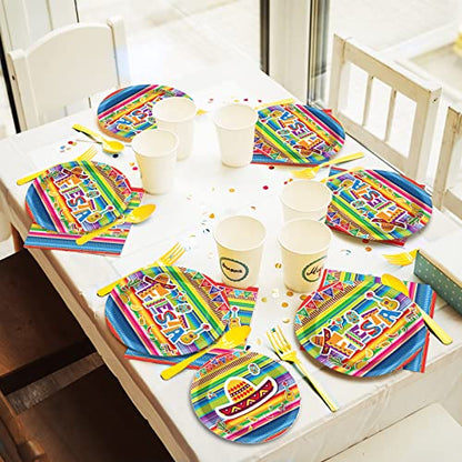 96 Pieces Fiesta Party Decorations Mexican Plates Tableware Set for De Mayo Party Decorations Supplies Mexican Themed Paper Dessert Plates Napkins Forks for 24 Guests Birthday Party Favors - style: Mexican Fiesta