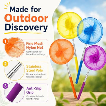 RAINFLOW Telescopic Butterfly Nets - Fishing Net with Anti Slip Grip | Outdoor Catcher Net for Catching Butterfly, Bugs, Insect, Fish, Ladybird, Extendable 6.7 in to 34 in - size: 4 Pack