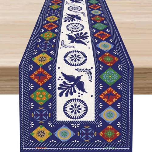 Floral Bird Mexican Table Runner,Mexico Talavera Dia De Los Muertos Blue Patchwork Tiles Kitchen Dining Table Decoration for Home Party Decor,13 x 36 Inch - color: Mexican Flowers-7, size: 13x36" Table Runner