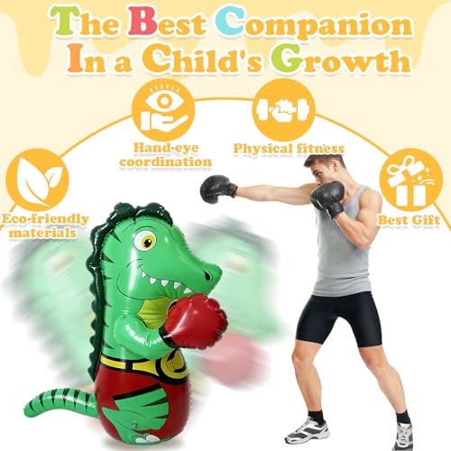 Inflatable Tumbler Dinosaur Punching Bag, 47" Blow up Boxing Dinosaur,Bounce Back Dino Thickened Boxing Bag for Adults