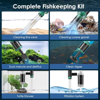 AKKEE Aquarium Vacuum Gravel Cleaner, 36W Electric Fish Tank Cleaner Vacuum, 8 in 1 Multifunctional Aquarium Cleaner for Automatic Water Change, Wash Sand, Water Circulation and Timed Off - color: Green