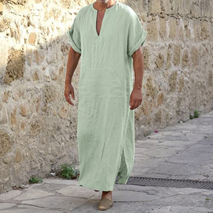 Mens Muslin Robe Full Length Long Sleeve Tops V Neck Kaftan Lightweight Pullover Thobe Comfy Nightshirts - color: A02 Green, size: Large