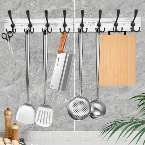 IBosins Wall Mounted Coat Rack, 31.4'' Long, Rustic Wood & Aluminum Coat Rack with 8 Black Tri-Hooks for Coat, Bag, Towel, Key, Hat, Umbrella - color: Old White