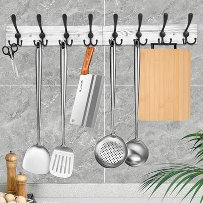 IBosins Wall Mounted Coat Rack, 31.4'' Long, Rustic Wood & Aluminum Coat Rack with 8 Black Tri-Hooks for Coat, Bag, Towel, Key, Hat, Umbrella - color: Old White
