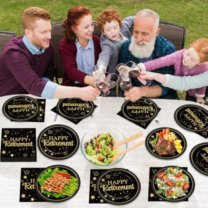 48Pcs Happy Retirement Paper Plates and Napkins Retirement Party Decorations Farewell Black and Gold Party Supplies Disposable Dinnerware Dessert Plates for Birthday Graduation Women Men Serves 24 - style: Happy Retirement