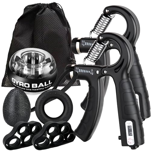 Hand Grip Strengthener Workout Kit (8 Pack) Forearm Grip Adjustable Resistance Hand Gripper, Finger Stretcher, Gyro Ball，Finger Exerciser, Grip Ring
