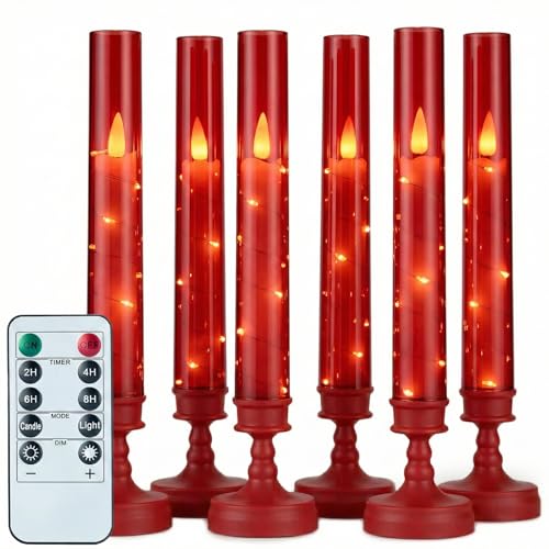6 PCS Flameless Candles with Timer, Flickering Flameless LED Pillar Candles for Romantic Ambiance with Embedded Star String, Acrylic Battery Perated Fake Candles for Home Decoration (Red) - color: Red