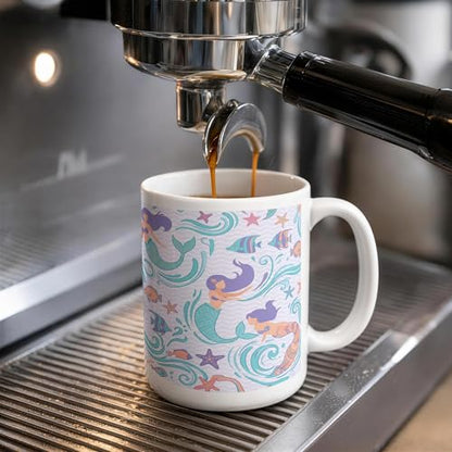 Mermaid Ceramic Coffee Mug, Underwater Playful Fish Starfish Summer Aqua Novelty Work Drinking Mugs with Handle Ideal for Friendship Family Colleague Staff Sweetheart Teachers 15 Oz - size: 15 Ounces