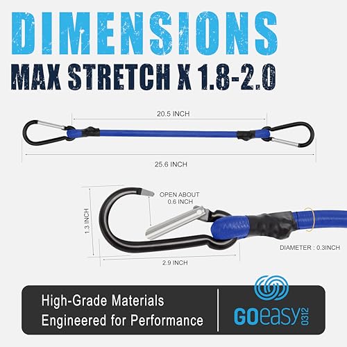 GOEASY0312 Bungee Cords with Hooks Heavy Duty 18" Carabiner, 4PCS Blue | 200 LBS Max Break Strength, UV Resistant, Locking Carabiner Hooks, Double-Braided Latex & Rubber - color: Blue