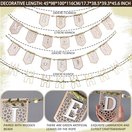 Marsui 4 Pcs Ramadan Eid Mubarak Wood Bead Garland Eid Mubarak Ramadan Hanging Banner Garland Farmhouse Wooden Rustic Neutral Hanging Decor for Party Fireplace Home Wall Sign Decoration - size: Ramadan