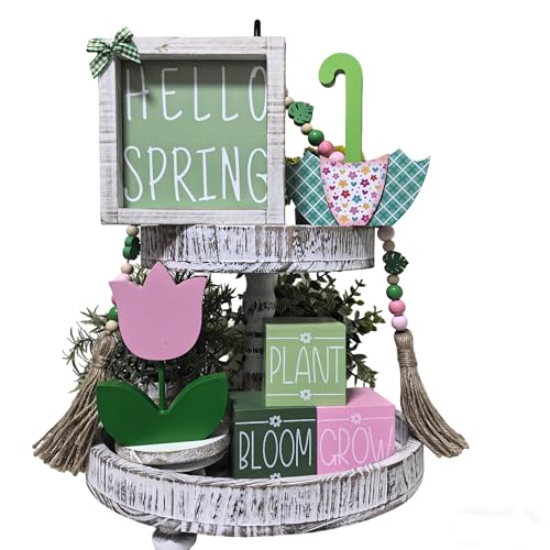 Dazingart 7 Pcs Spring Tiered Tray Decor,Umbrella Tulip Floral Daisy Decoration Hello Spring Decoratived Sign Farmhouse Table Home Kitchen Shelf Tabletop Centerpiece Office Decorations (Spring B) - color: Spring B