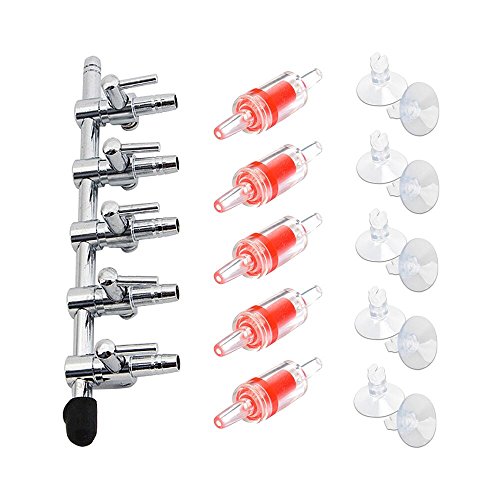 Aquarium Air Pump Splitter 16 in 1 Set 5-Way Air Flow Control Lever Valve & 5 Non-Return Check Valves & 10 Suction Cups for Fish Tank Airline Air Tube Hose - color: 5-Way 16-in-1 Kit