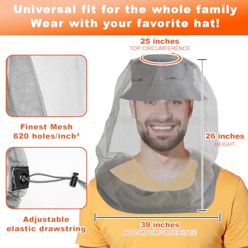 South to East Premium Mosquito Head Net for Insect 2 Pack, Ultra Large & Long, Extra Fine Holes, Fly & Bug Protection Gear for Camping, Hiking, Fishing, Gardening, Safari, Fit All Hats, Grey - color: Gray
