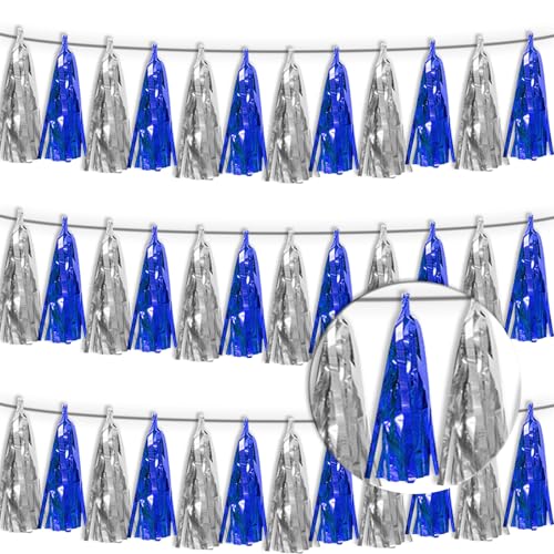 3P Navy-Blue Silver Tassel Banner Garland Metallic Foil Fringe Banner Tinsel Tassels Streamer Banner Backdrop for Parade Floats, Graduation Bridal/Baby Shower Retirement Party Decorations - color: Navy-Blue Silver
