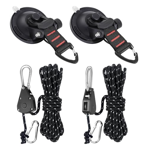 CONBOLA Suction Cups Hooks with 1/8" Adjustable Grow Light Hangers 13 ft with Reinforced Metal,Heavy Duty Ratcheting Pulley System for Camping Gardening and Various Tie-Down Uses.(4-Pack Set) - color: Classic red line with Rope Hanger Set, size: Black-4 P