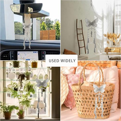 ORIESSE Butterfly Car Decor,Cute Hanging Car Charms for Rear View Mirror,Silver Butterfly Wind Chime Dangling Aesthetic Ornament Pendant for Women
